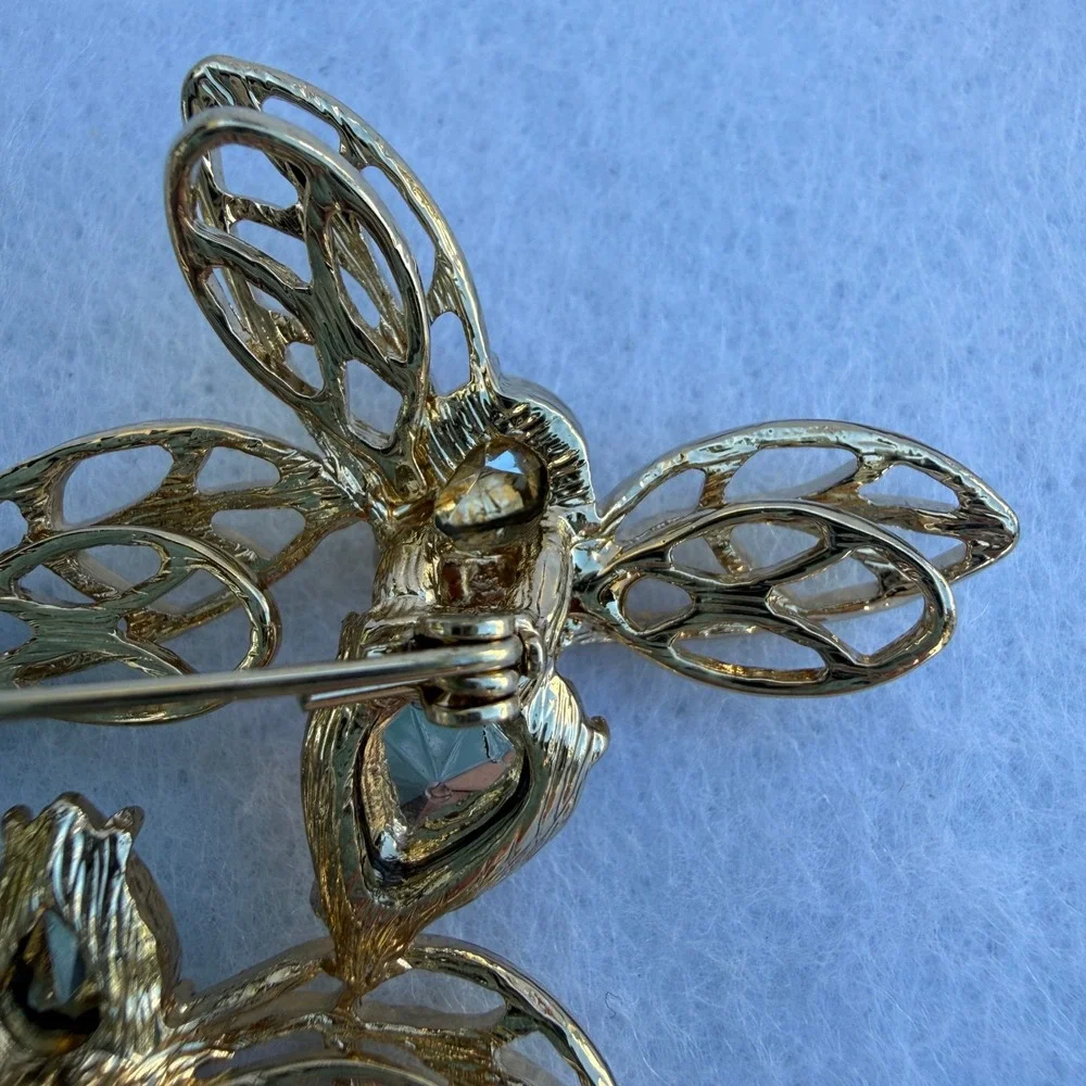 Large Triple Dragonfly Brooch Gold Tone Multicolor Rhinestone Statement Pin